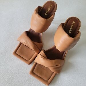 ALOHAS Tan Natasha Puffy Mule Square Toe Wedding Guest Heels